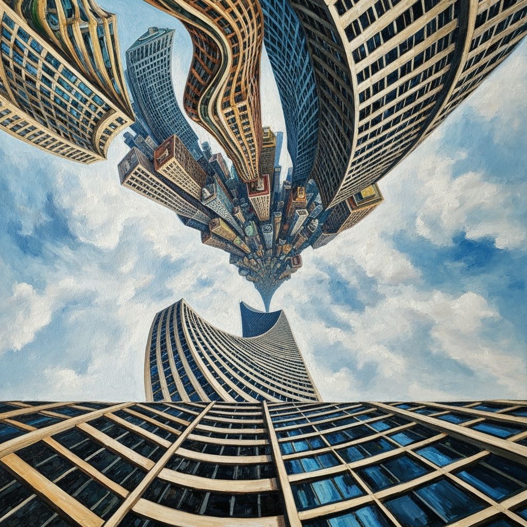 Surreal Cityscape with Warped Architecture in Oil Painting S...
