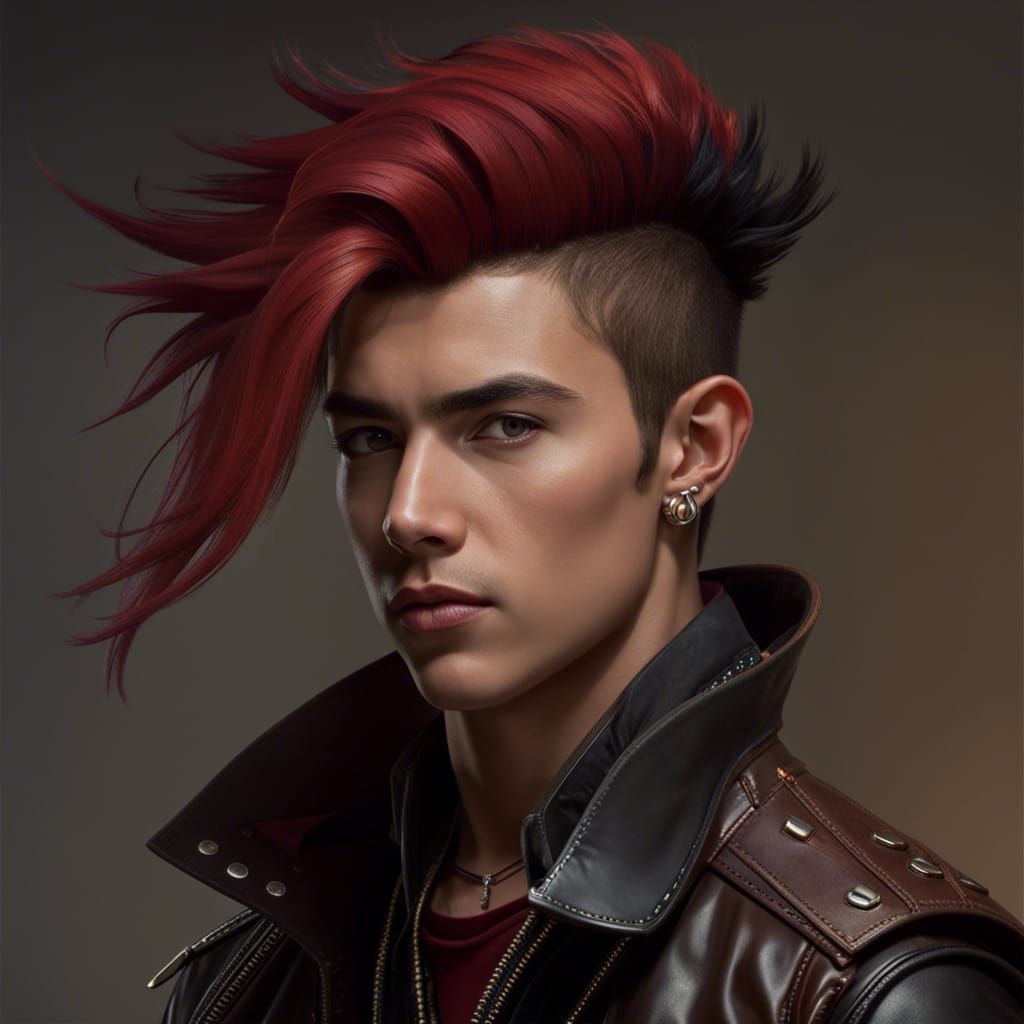 Dark Fantasy Punk Icon in Crimson Mullet and Antelope Horns