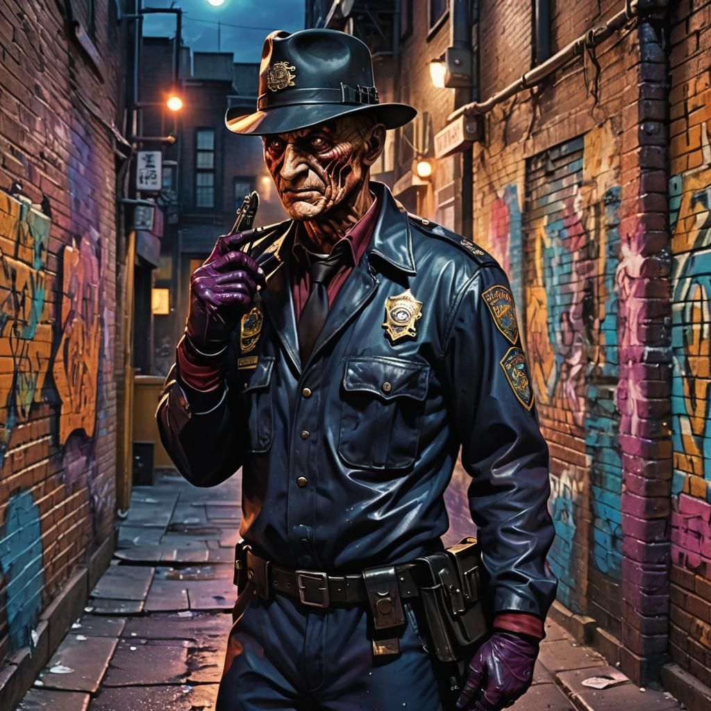 Menacing Freddy Krueger in Police Uniform, Vivid Alleyway