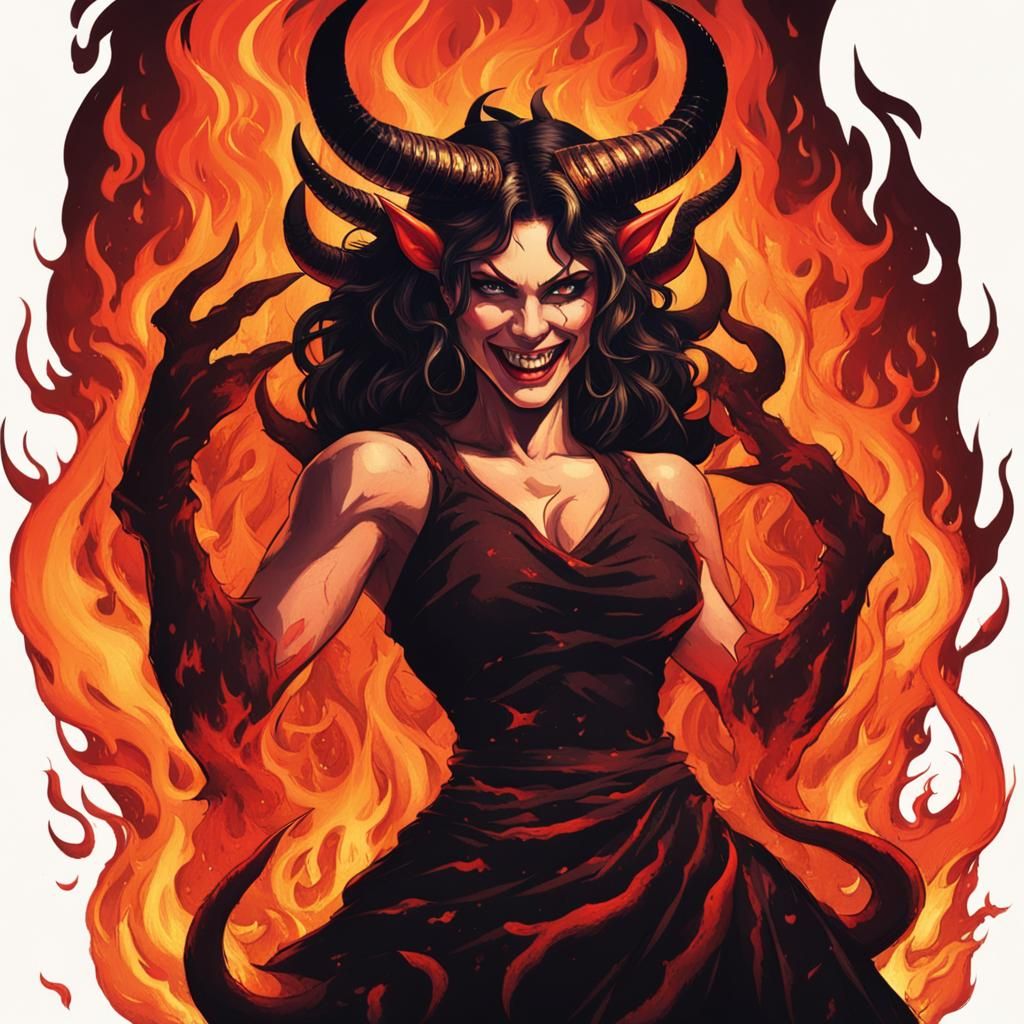 Sultry Female Demon Emerges from the Abyss in Dark, Fiery Sp...