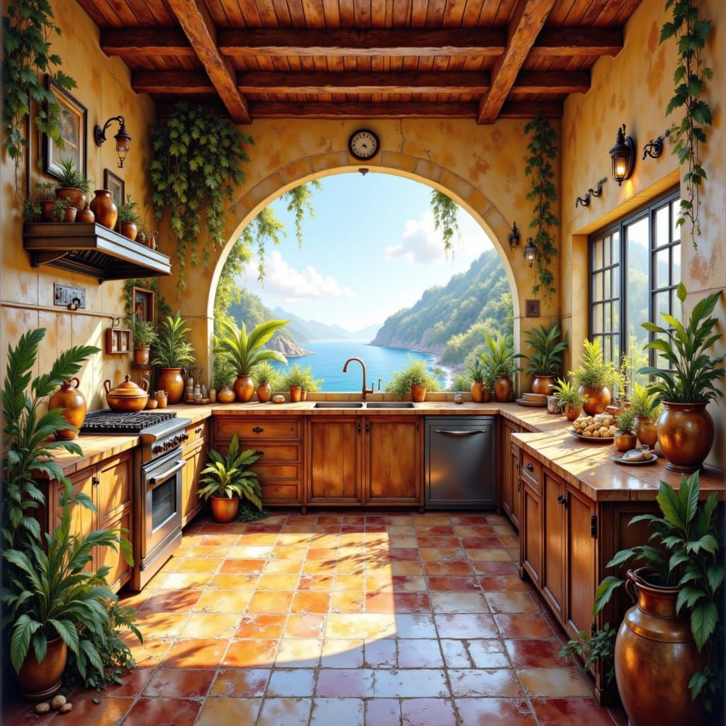 Rustic Kitchen With Ocean View and Lush Plants