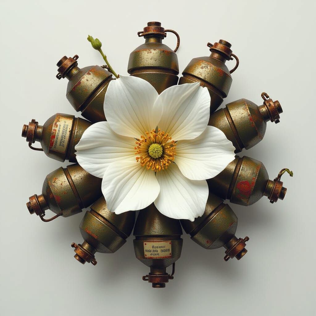 White Flower Amidst Grenades in Dystopian Style