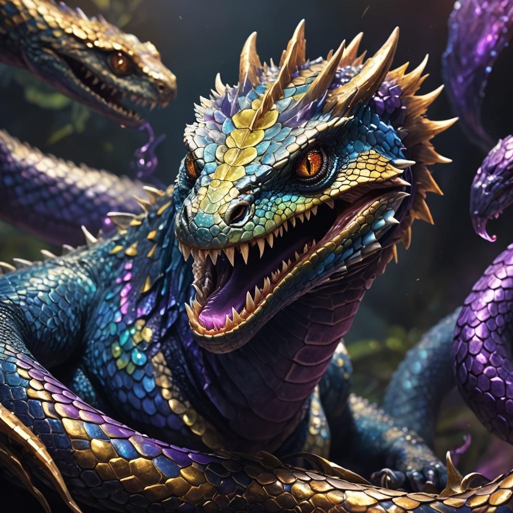 Fantasy Lizard Snake Monster Emerges from Darkness in Detail...