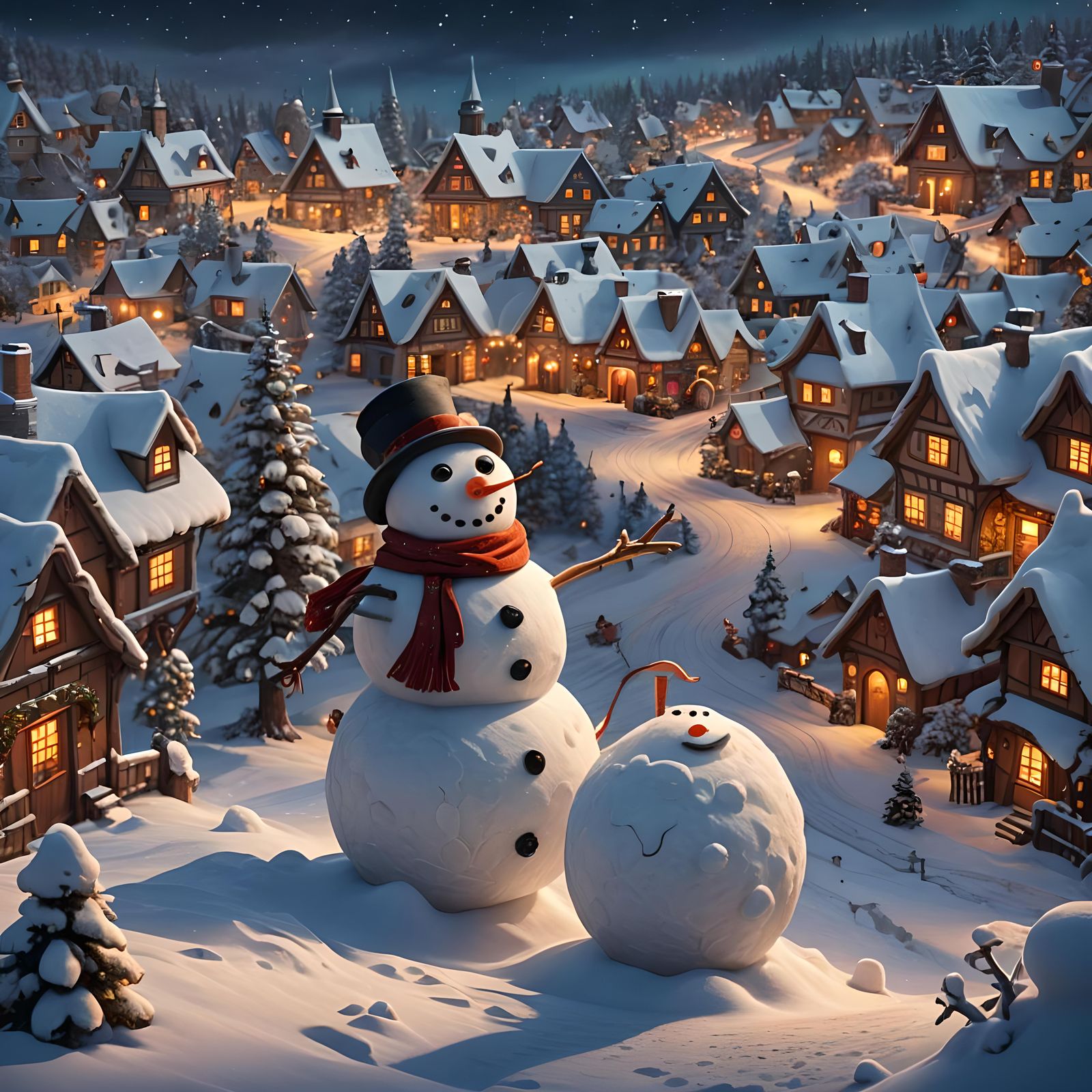 Surreal Snowman Dances Under Vibrant Colors