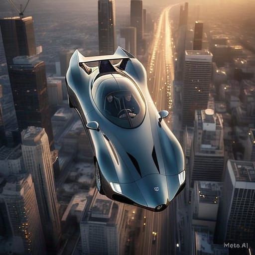 Sleek Flying Car Cuts Through Futuristic Cityscape in Golden...