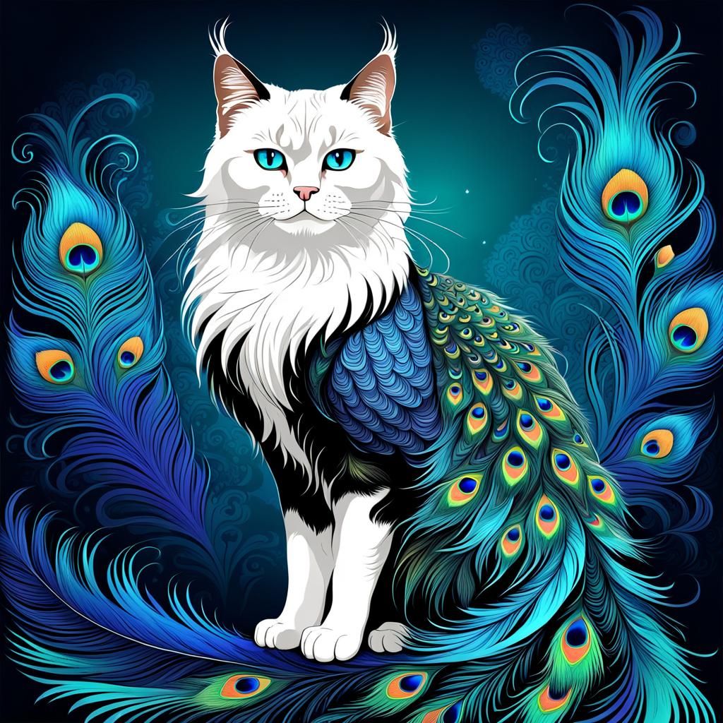 Whimsical Cat in Vibrant Fractal Landscape