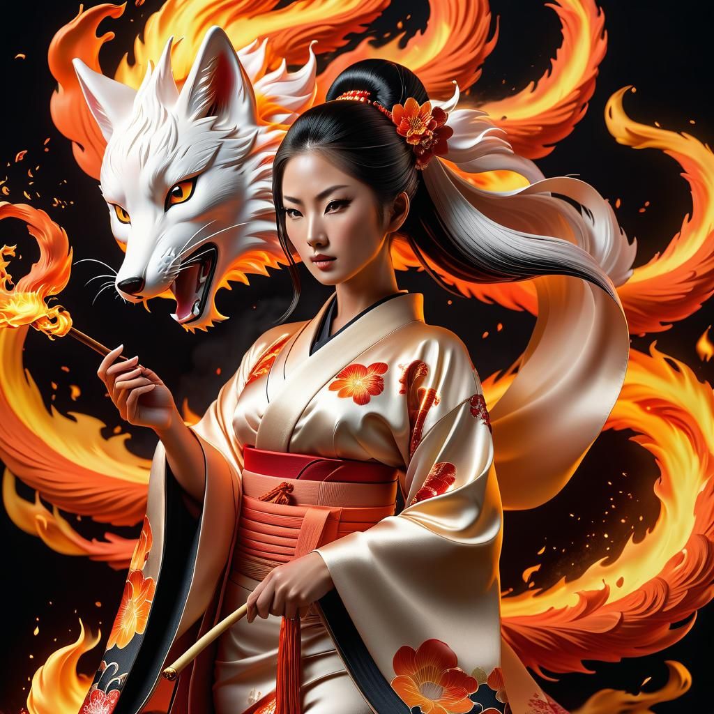 Hyperrealistic Kitsune Woman Ignites a Vibrant Scene in Intr...