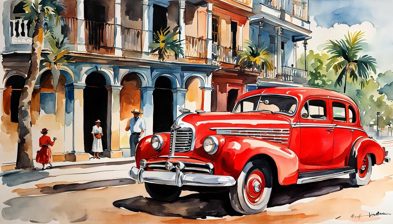 Vintage American Car in Cuban Sunset
