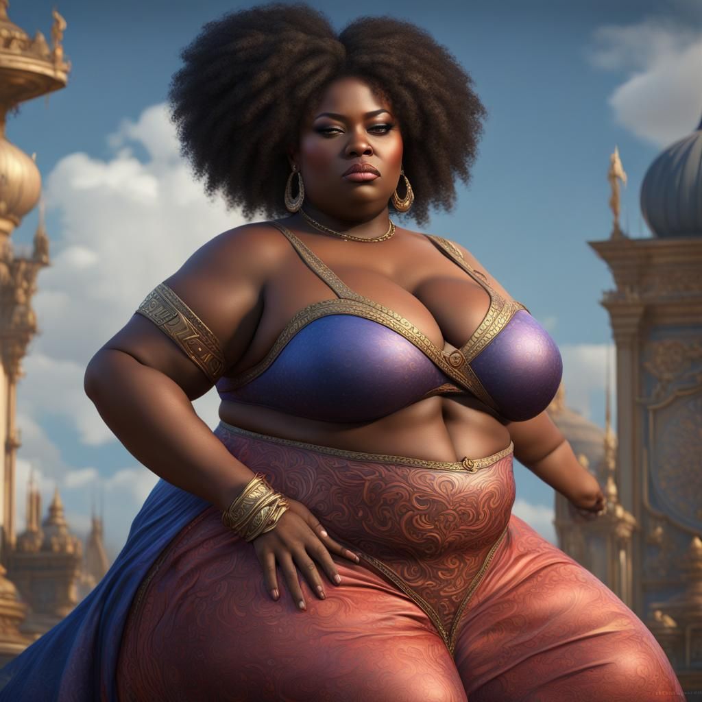 Magnificent Plus-Size Black Sultana Genie in Hyperrealistic...