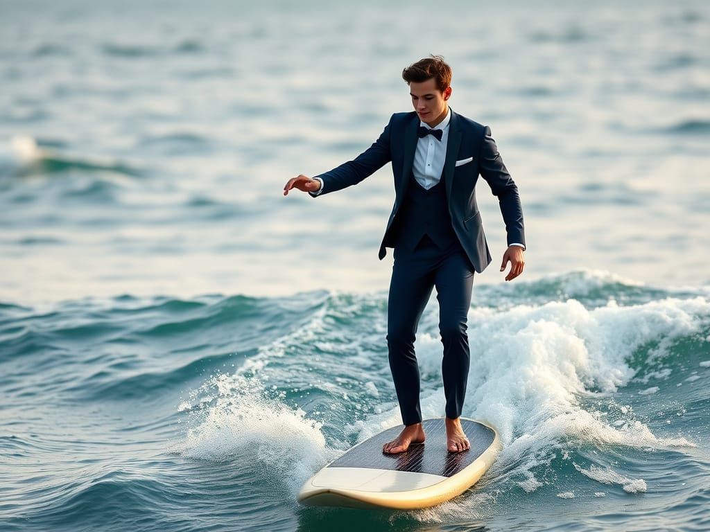 In a Tuxedo on a surfboard, daring but still classy.