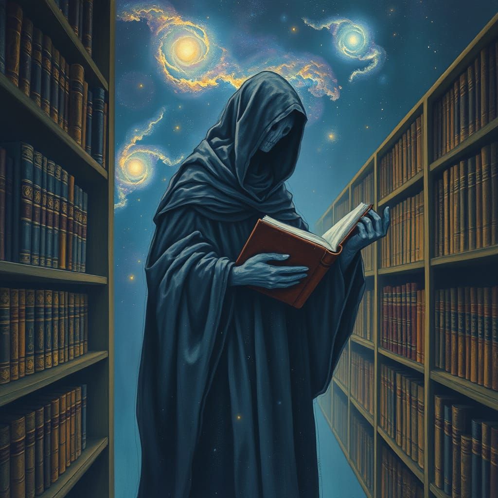 Celestial Librarian in Starry Library: Abstract Art