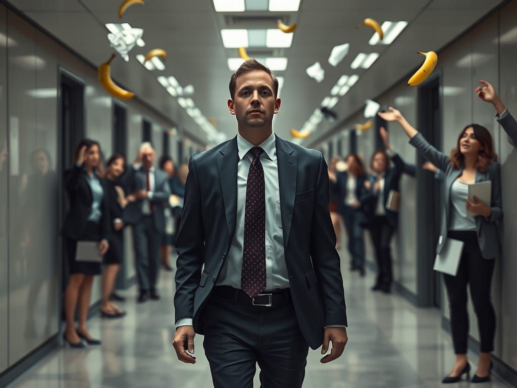 Melancholic Businessman Mocked by Coworkers in a Futuristic ...