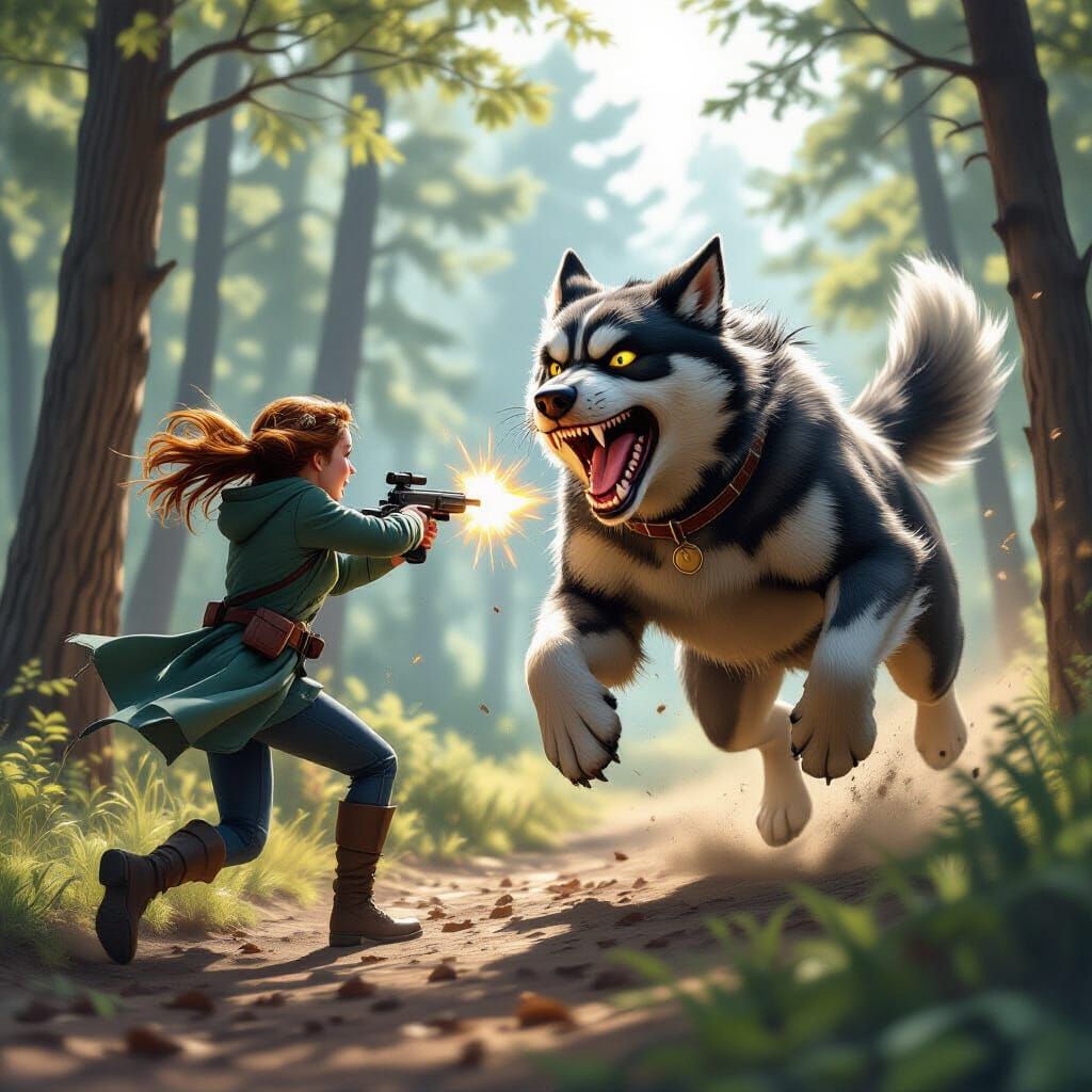 Spy Girl and Dog Monster Chase: Detailed Matte Painting