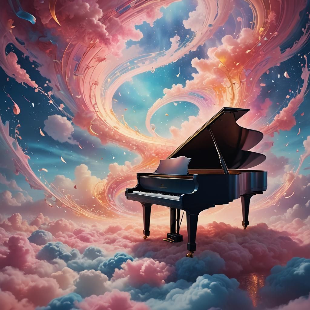 Surreal Dreamscape with Ethereal Piano Amidst Iridescent Col...