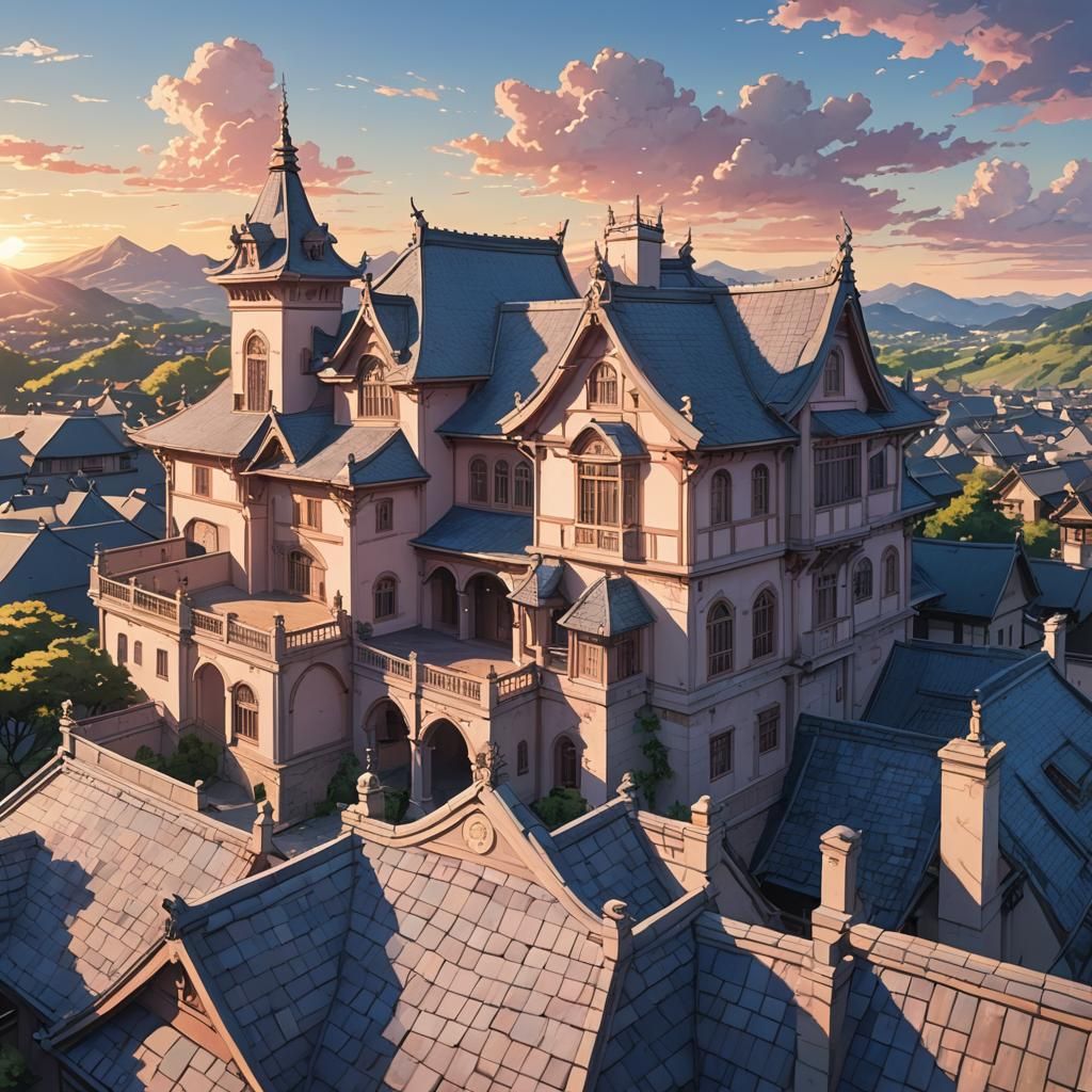Fantastical Anime Mansion with Gentle Sunset