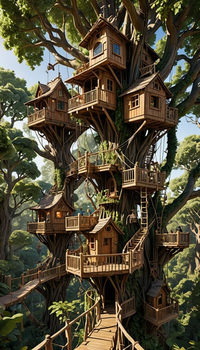 Whimsical Treehouse Village in a Verdant Forest Setting