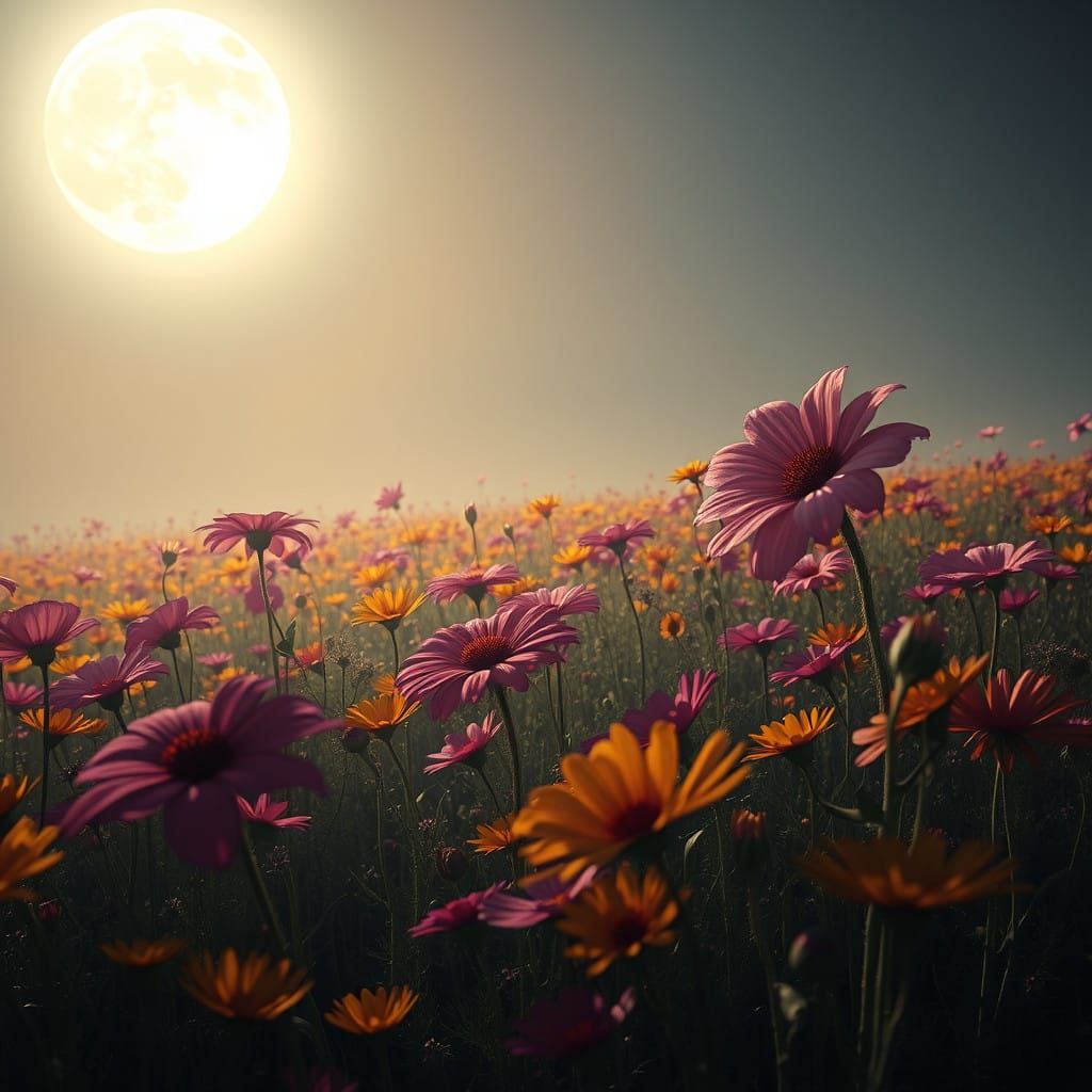 Enchanted Moonlit Flower Field in Dreamlike Realism
