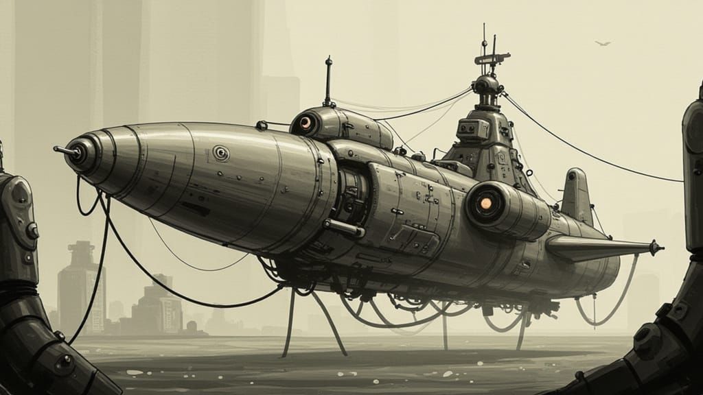 Petrolpunk Airship Navigating Alien Waters in Ink Style