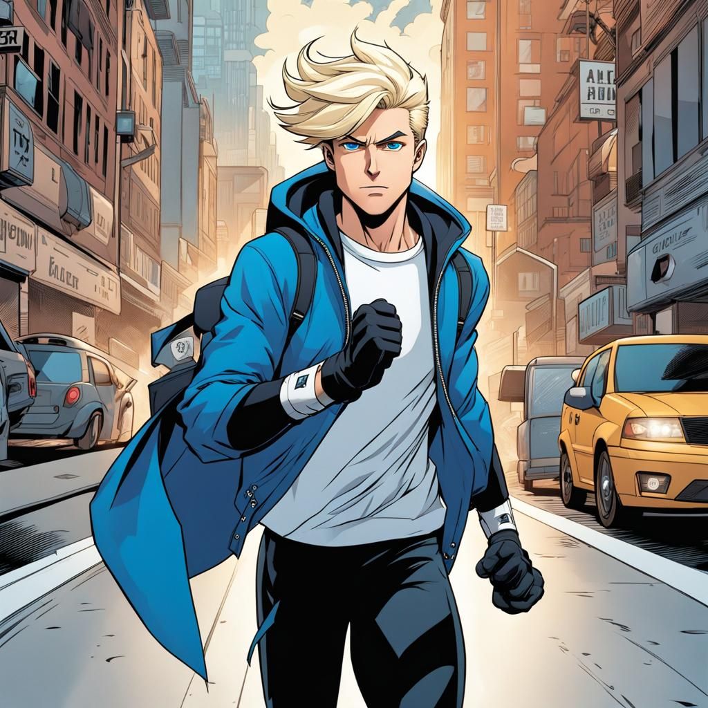 Flying Blue Jacket Superhero Teen on City Street in Comic St...