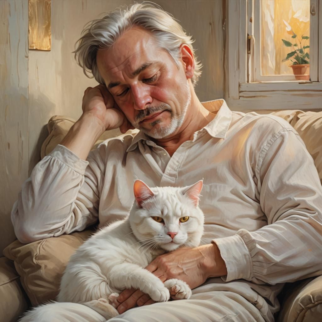 Soothing Oil Painting of Gentleman and White Cat in Warm Gol...