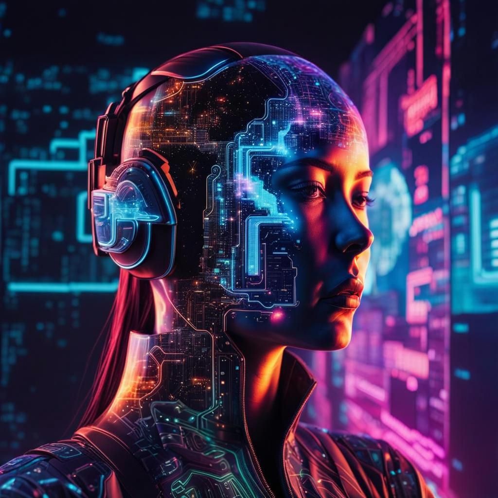 Double Exposure Sci-Fi Android Hologram in Neon Lit Cyberpun...