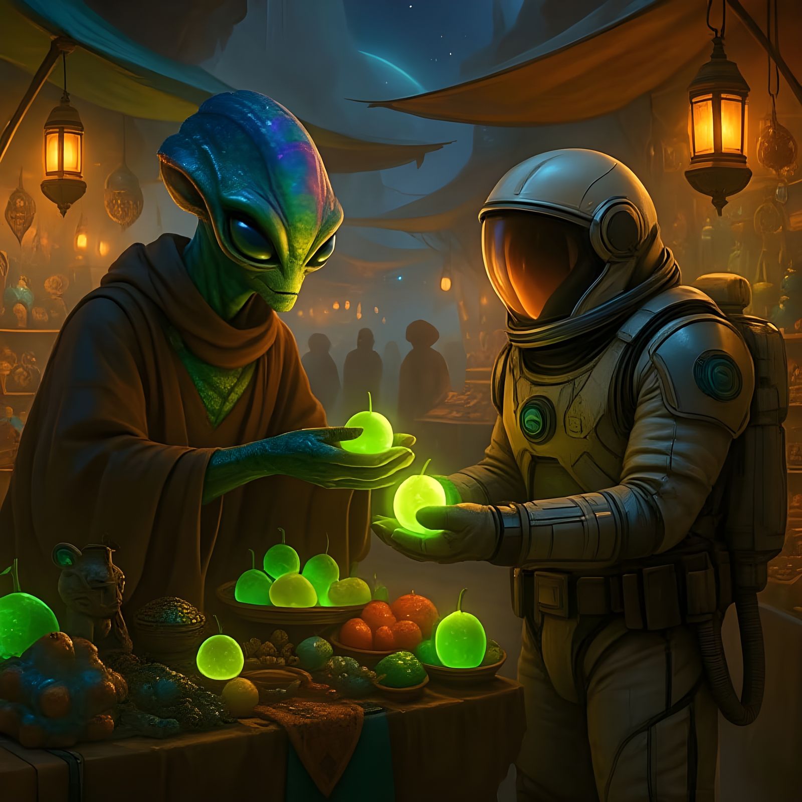Intergalactic Market: Alien Merchant and Glowing Fruit