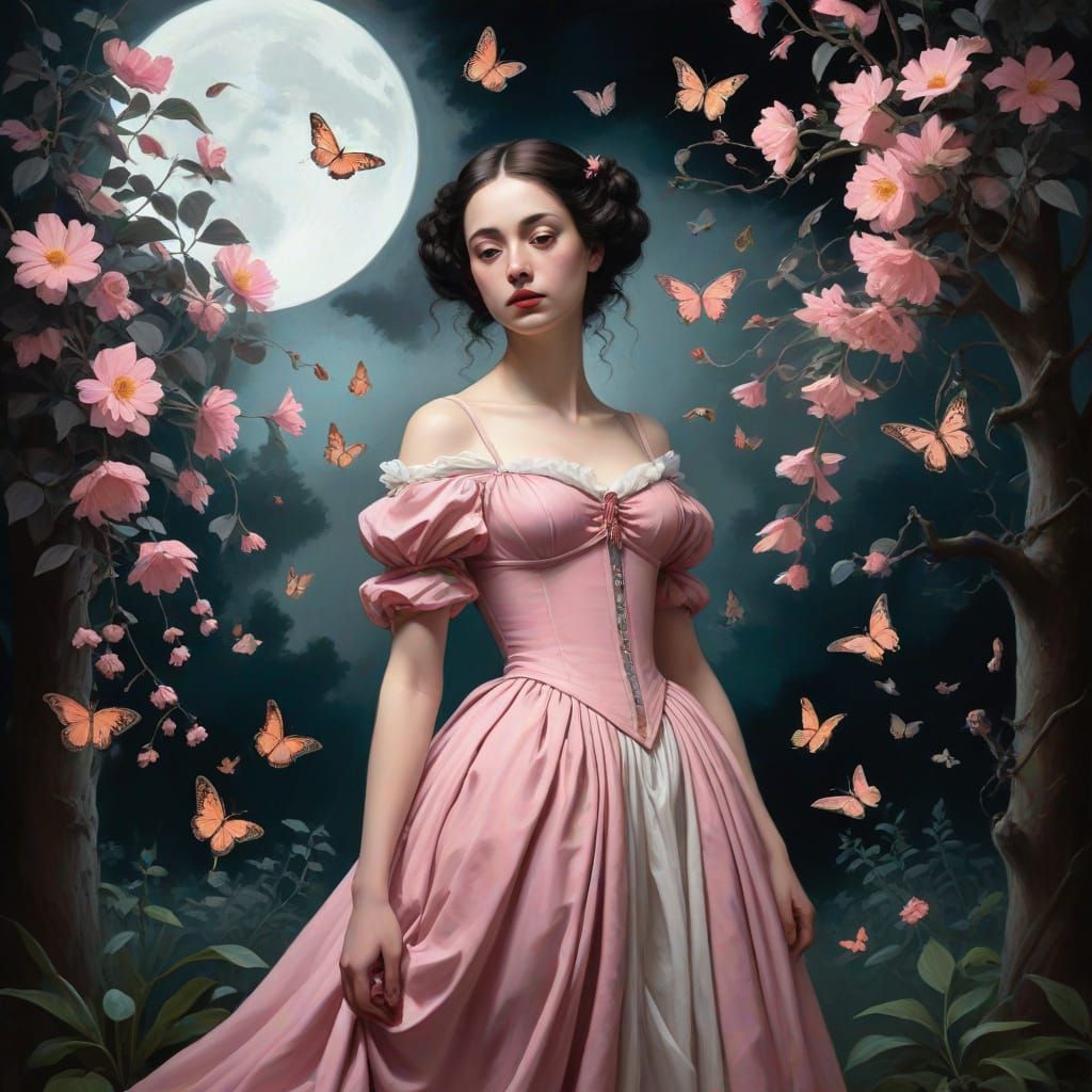 Ethereal Surreal Goth Garden Under Full Moonlight