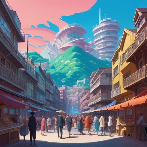 Fantasy Port City in Vibrant Anime Style