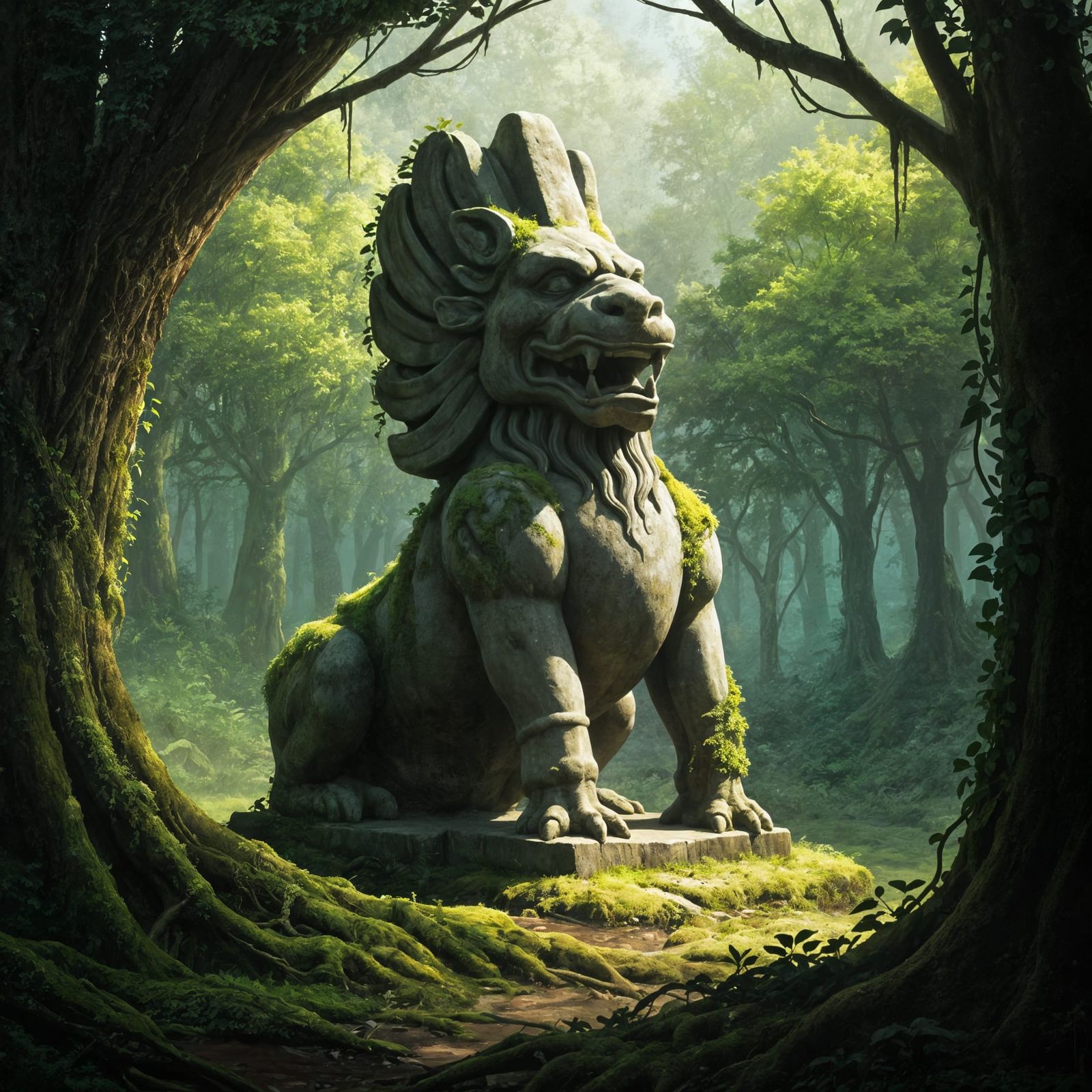 Ancient Stone Guardian in Sunlit Forest Clearing