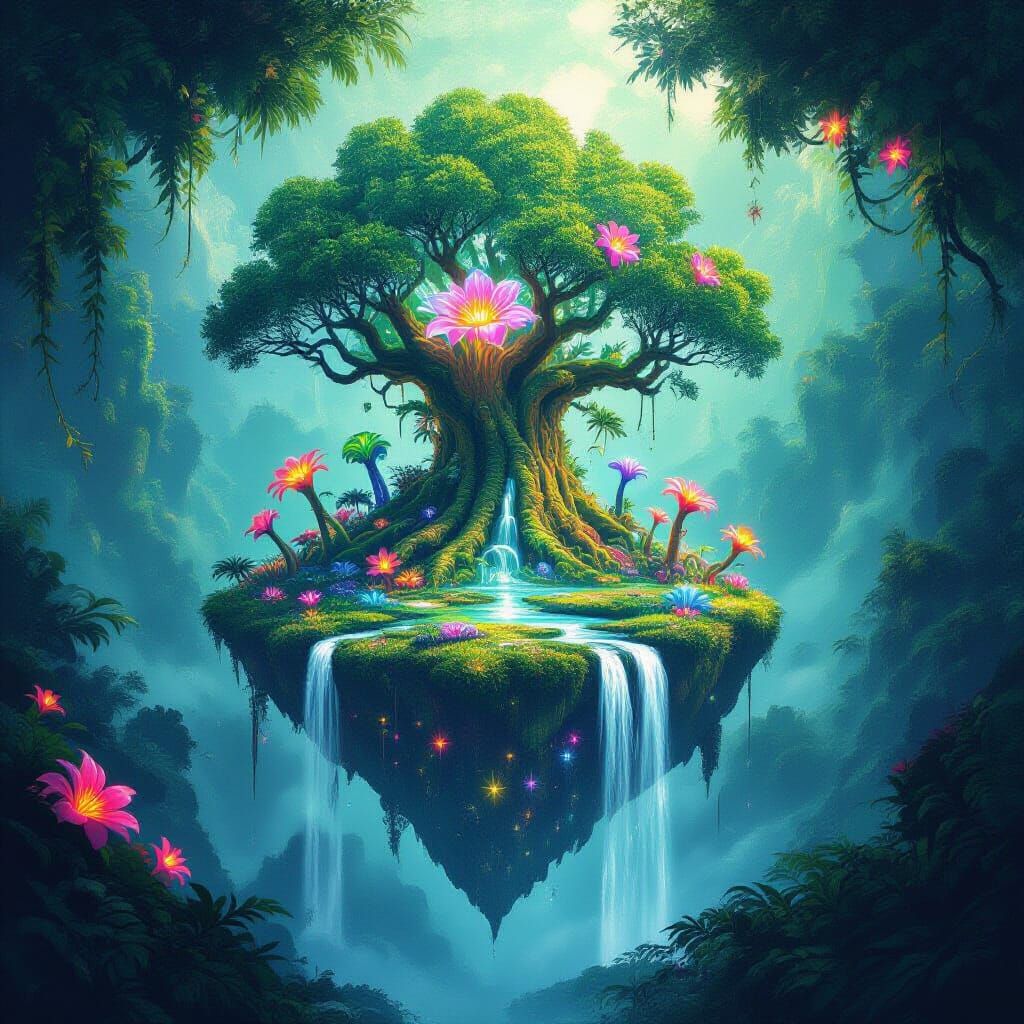 Bioluminescent Floating Island Jungle with Light Waterfalls