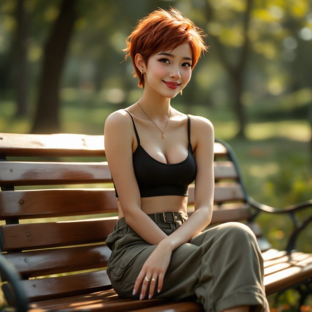 Asian Woman in a Park, Smiling with Joy