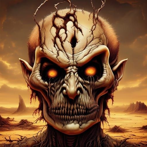 Weathered Figure in Barren Landscape: Oil Painting