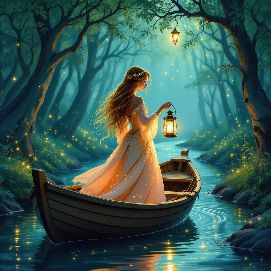 Enchanted Forest Stream: Woman with Lantern in Rowboat