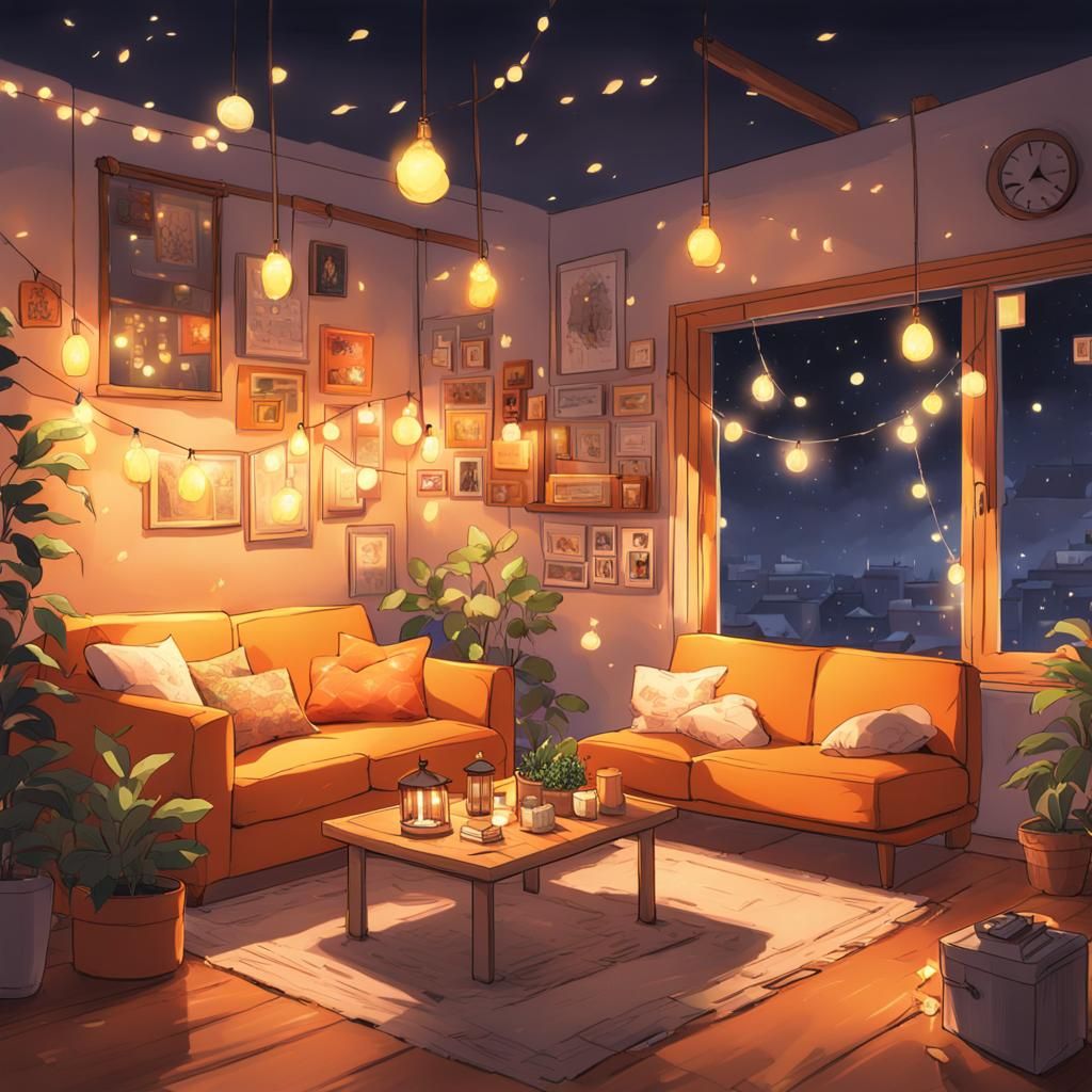 Cozy Nighttime Scene with Warm Orange Hues and Soft Lighting