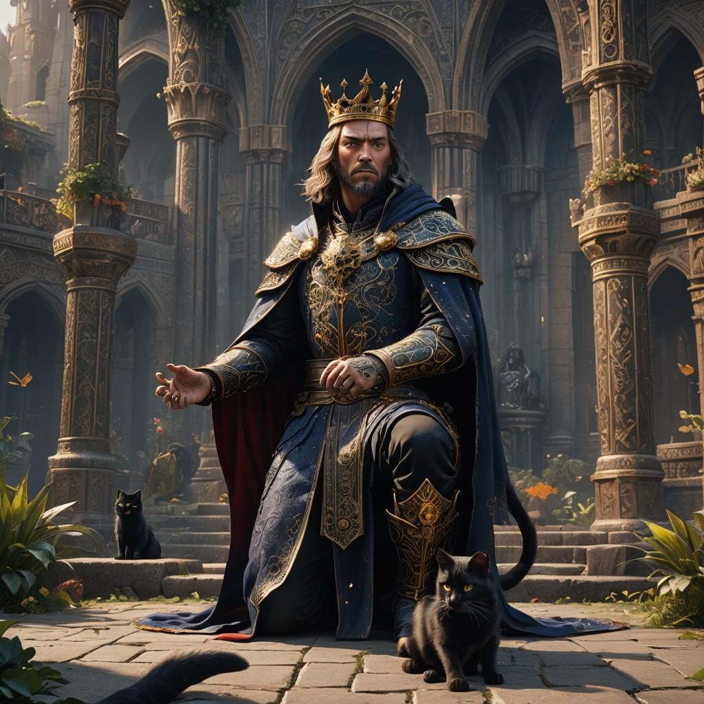 A King in Humble Obeisance to a Majestic Black Feline