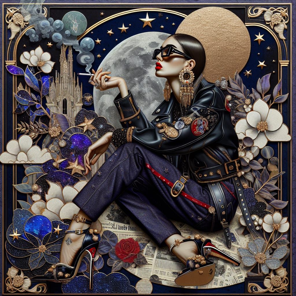 Gothic Punk Goddess in a Celestial Nighttime Scene