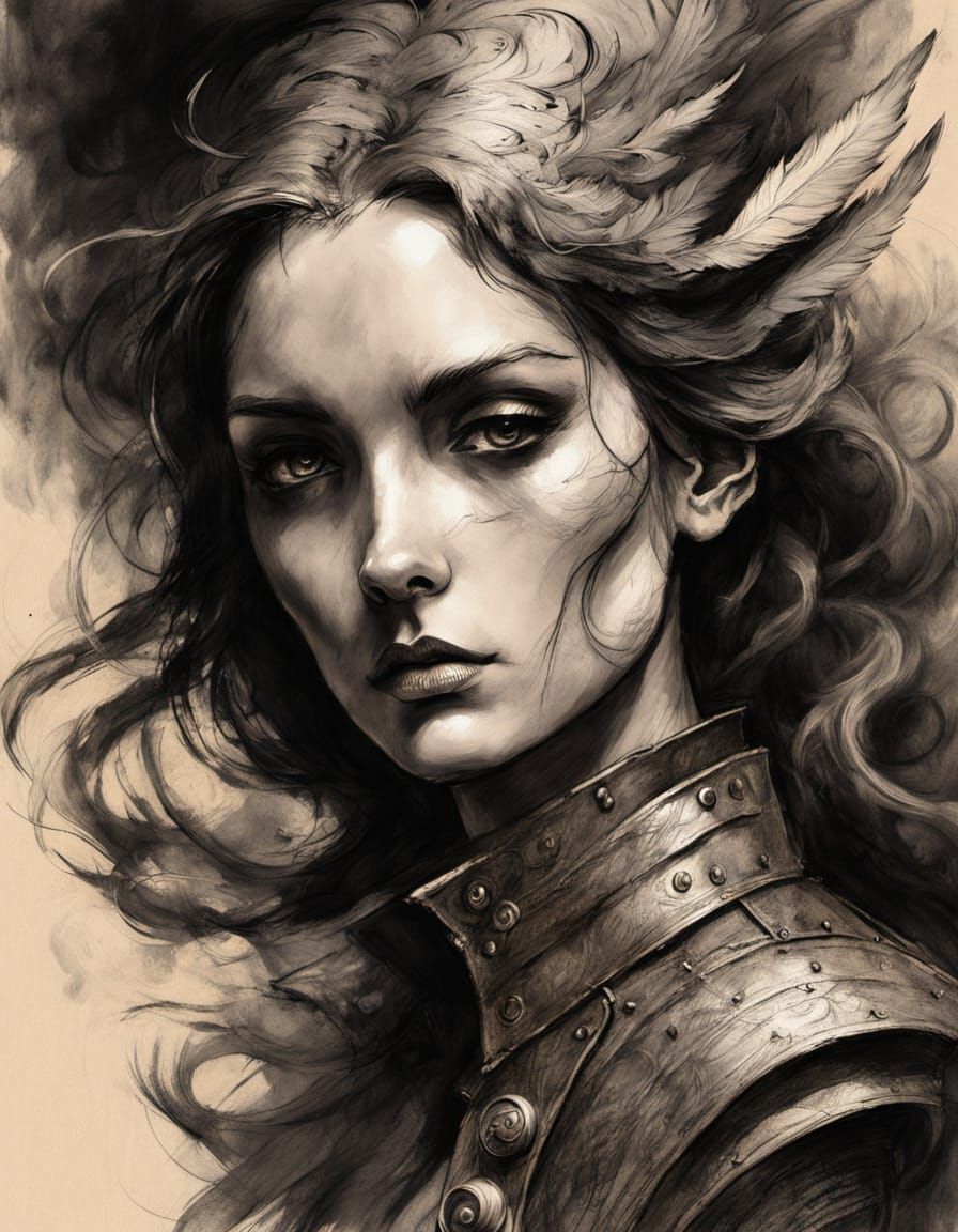 Expressive charcoal sketch. Full body shot. A mythical siren...