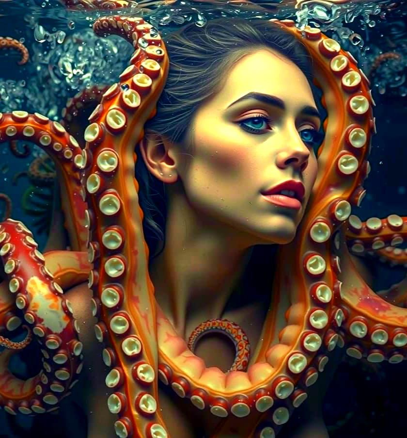 Octopus Wraps Woman in Tentacles in Hyperrealistic Art