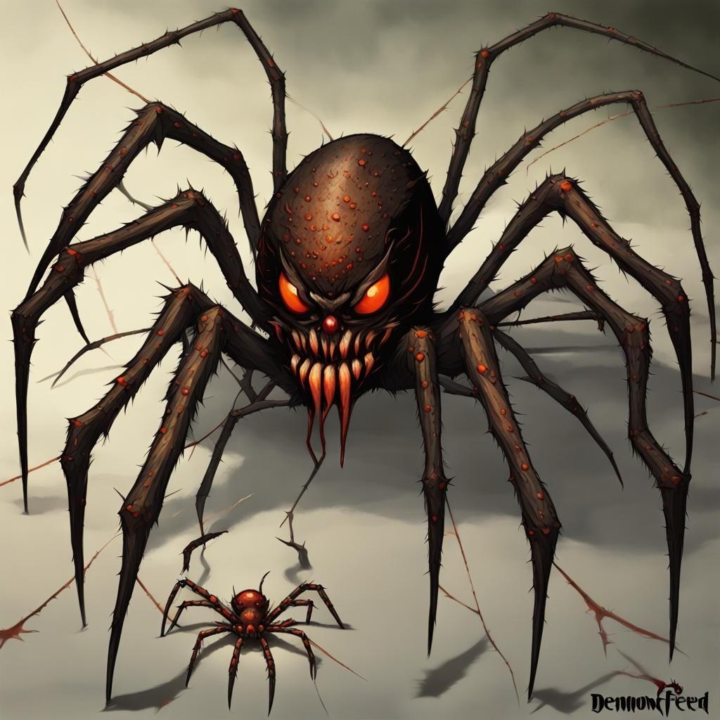 Giant Demon-Infused Spiders with Red Eyes and Barbed Legs