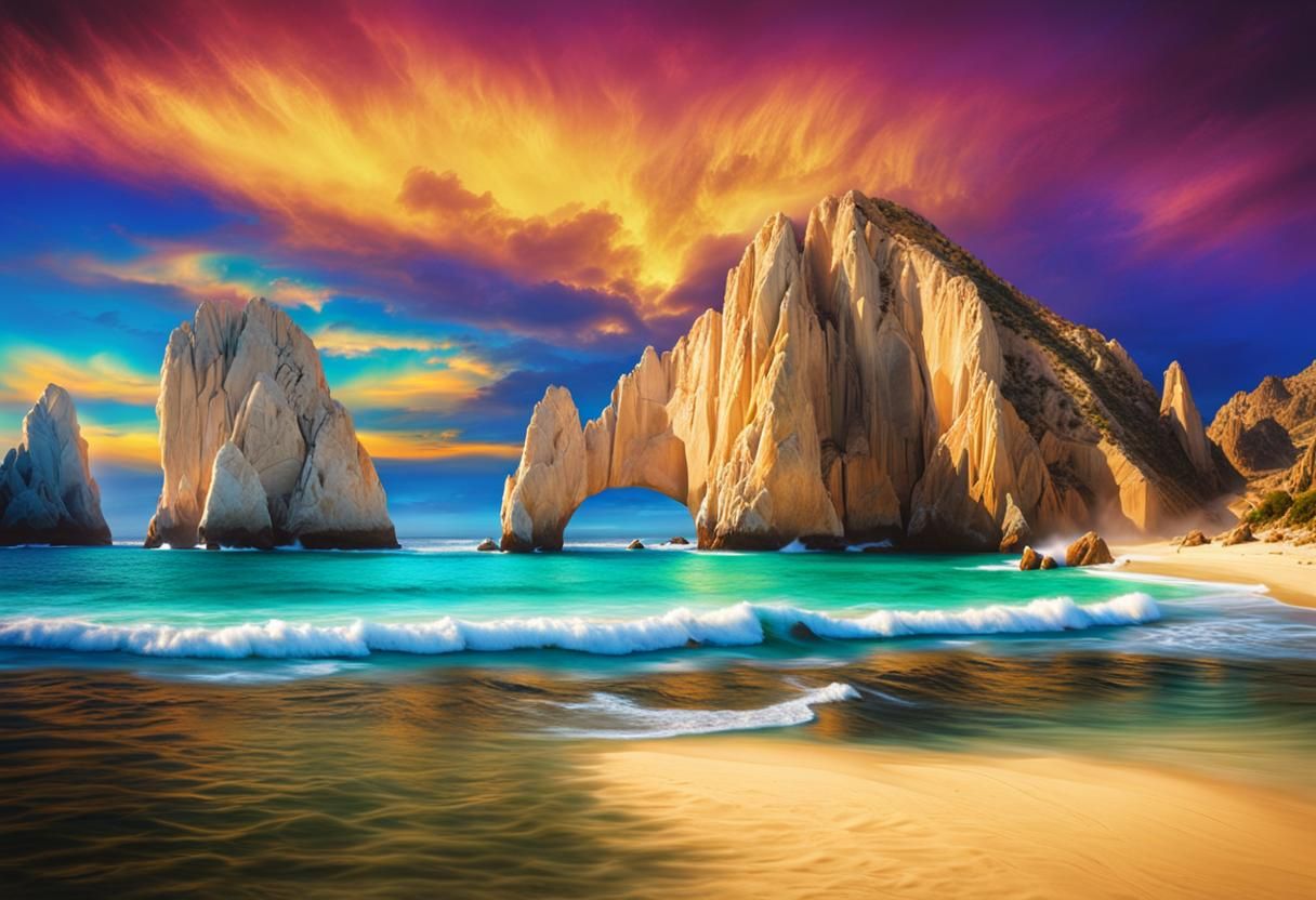 Stunning Cabo San Lucas Arch in Vibrant Airbrush Style