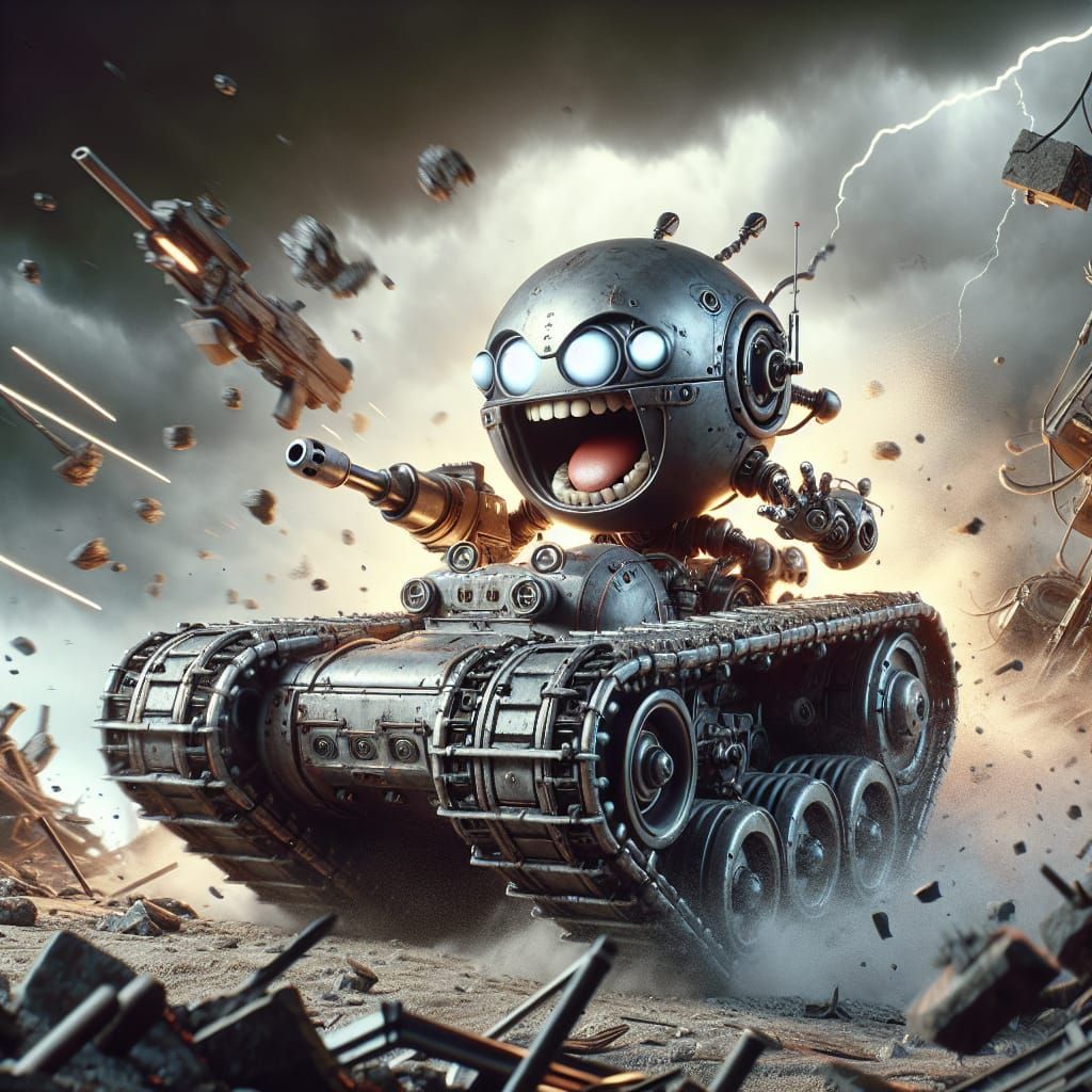 Chibi Cyborg Tank Commander Speeding Through a Dystopian Was...