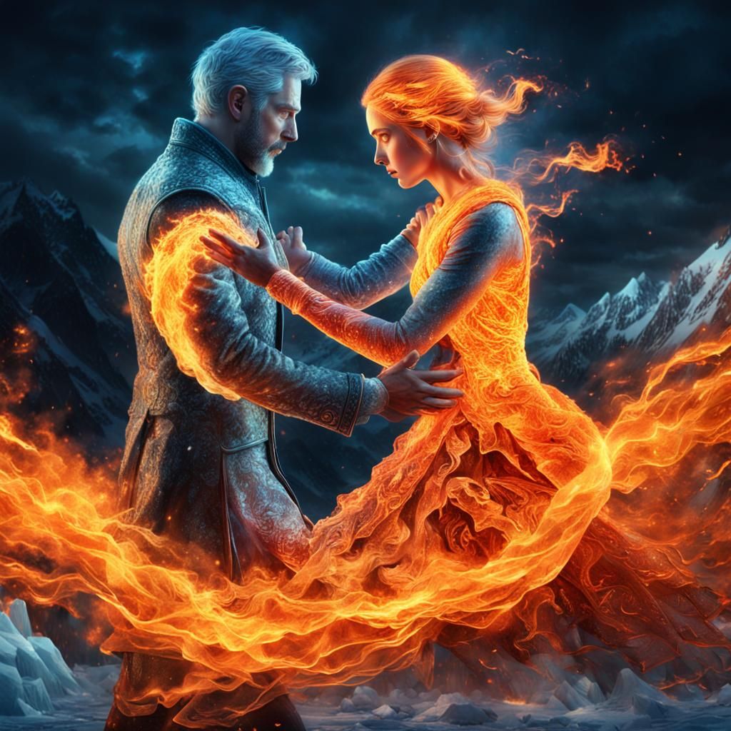 Epic Digital Painting of Fiery Woman Embracing Icy Man
