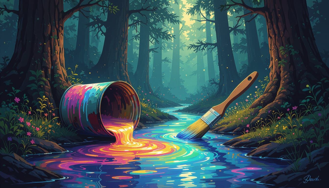 Mystical Forest Scene With Glowing Rivers Spilling From Pain...