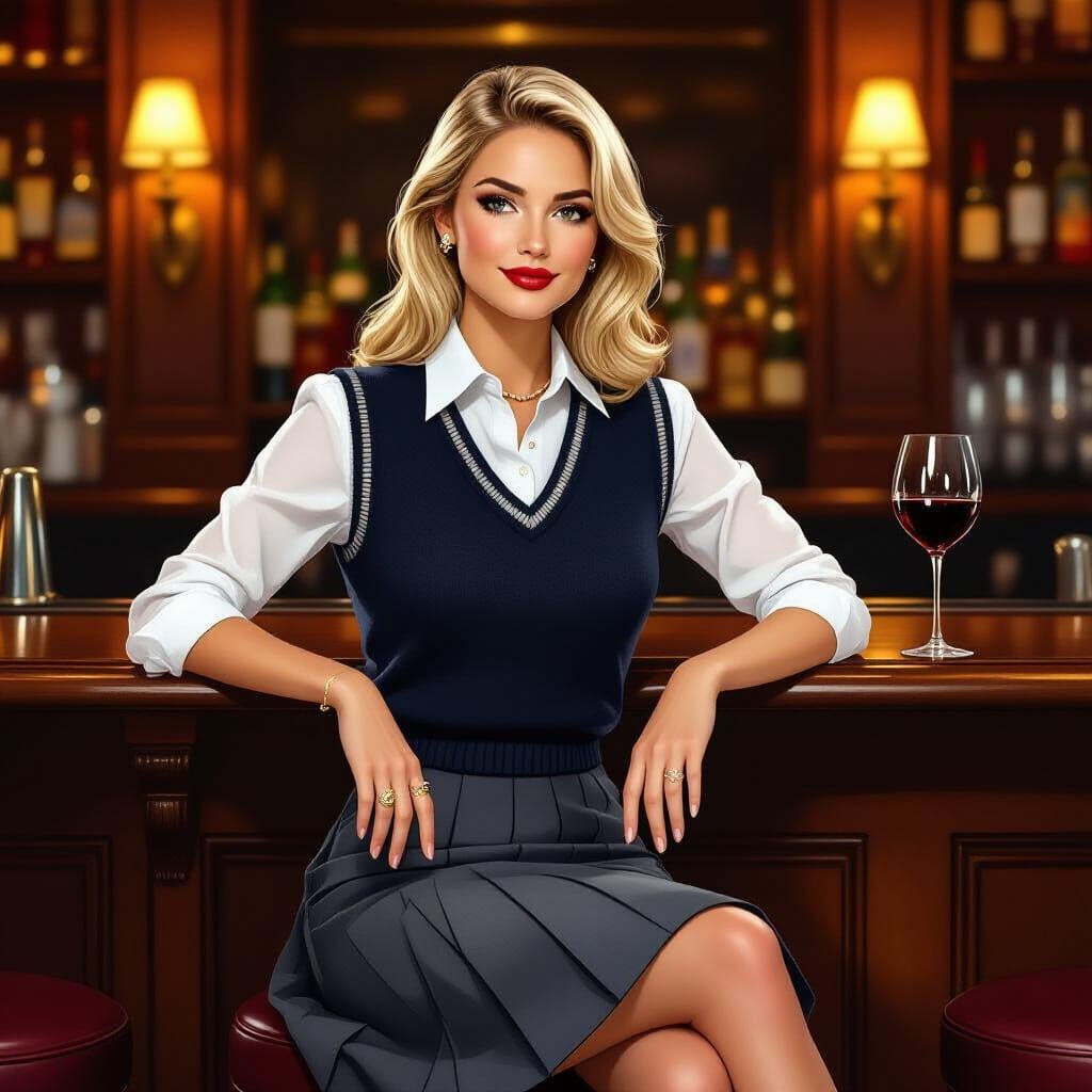 Preppy Woman Enjoys Wine in Classic Fashion Illustration Sty...