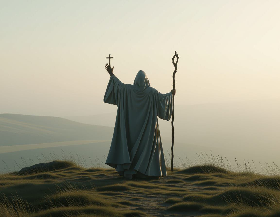 Wizard Invoking Divine Power on Windswept Hill