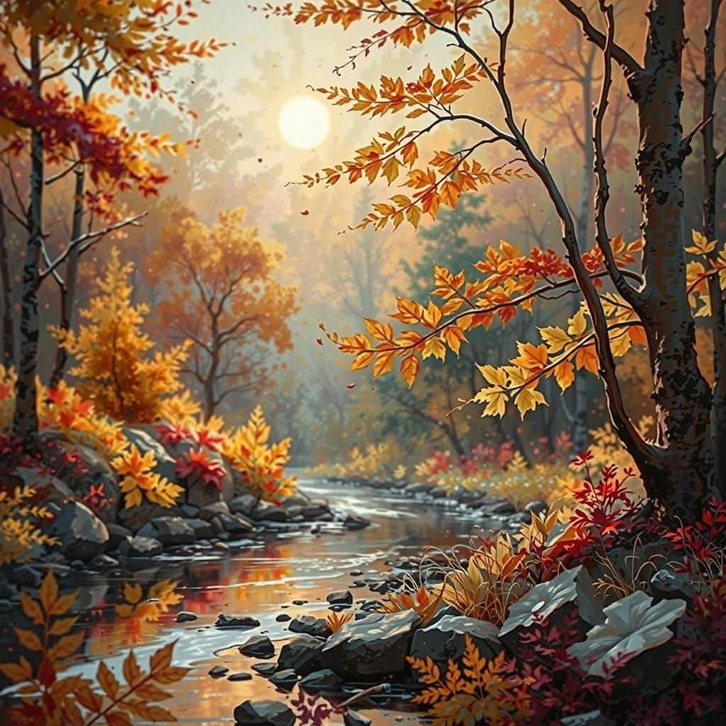 Autumn River Scene in Expressive Oil Painting Style