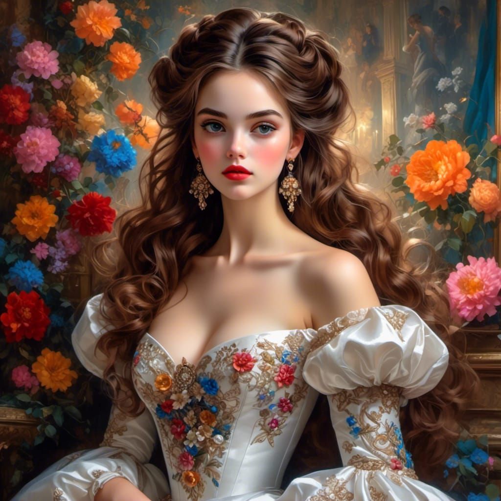 Girl in Elegant Masquerade Ball Gown in Impressionist Style