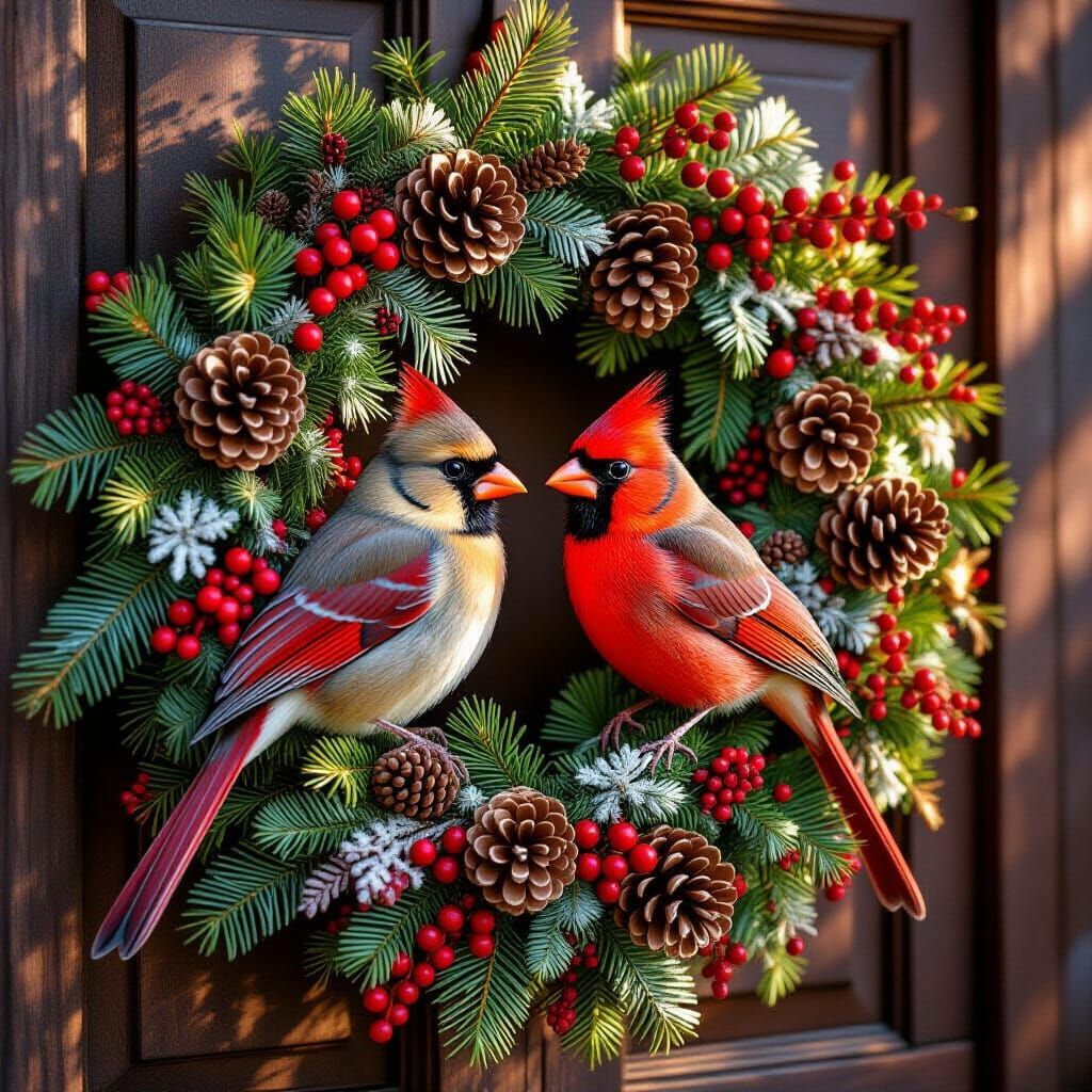Two Cardinals Nestled in a Festive Christmas Wreath