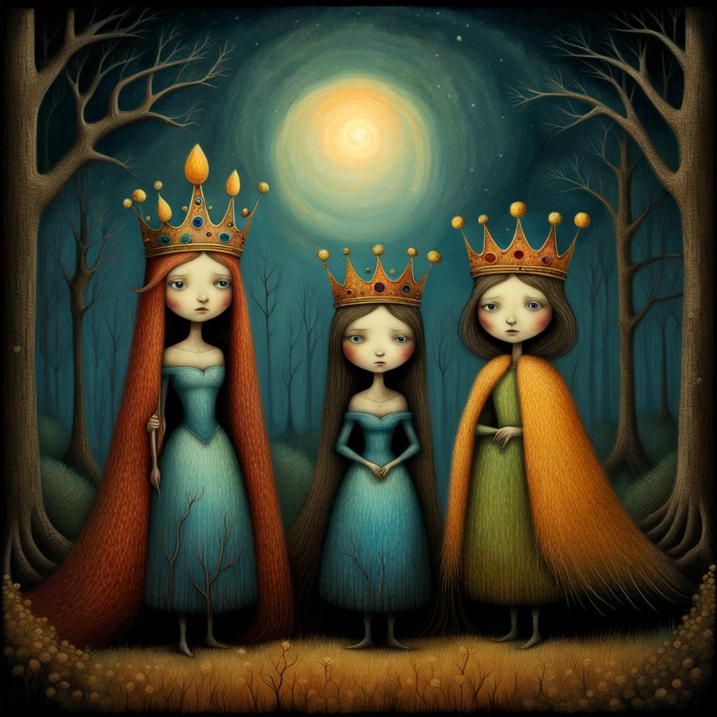 Whimsical Princesses Adorned with Floral Crowns in a Forest