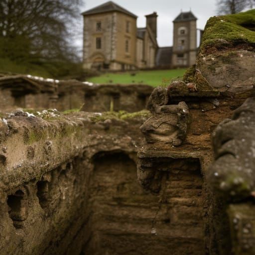 Archaeologists Excavating Palace Walls in English Countrysid...